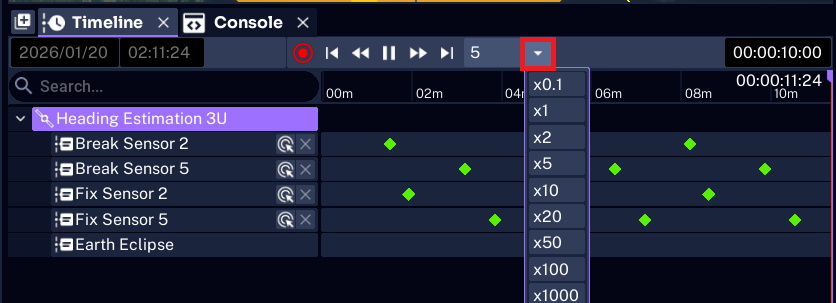 Timeline Panel speed multiplier set for simulation playback