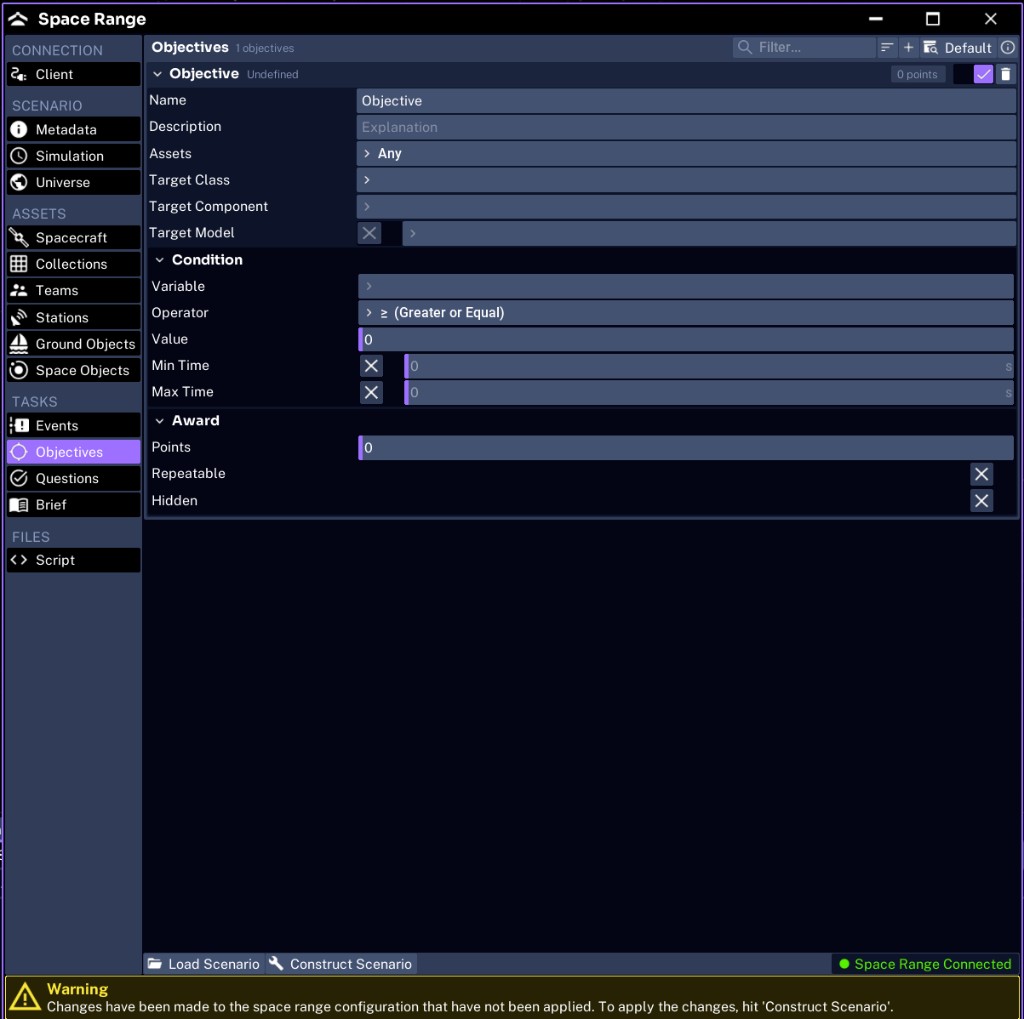 The Space Range Objectives tab