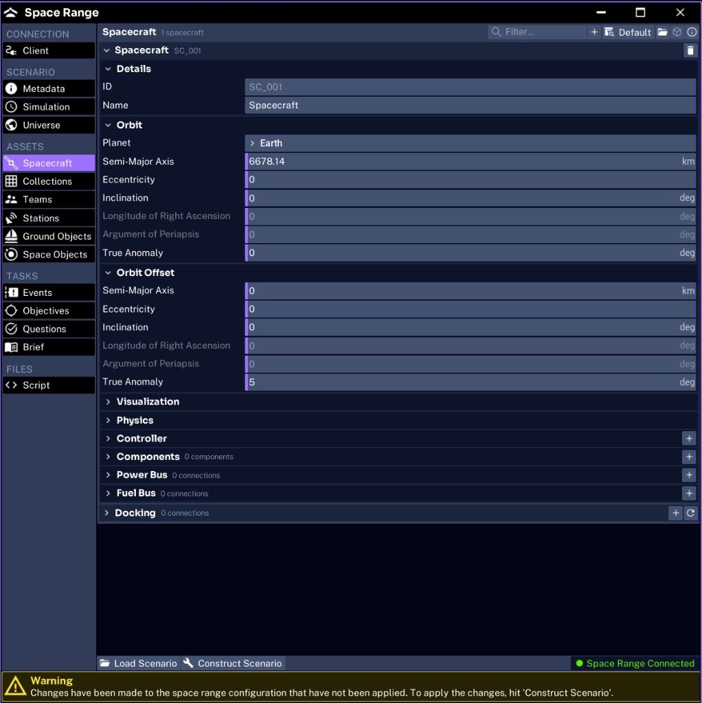 The Space Range Spacecraft tab
