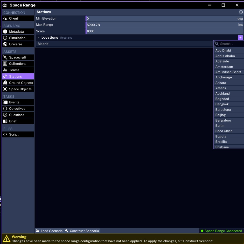 The Space Range Stations tab with the location picker open