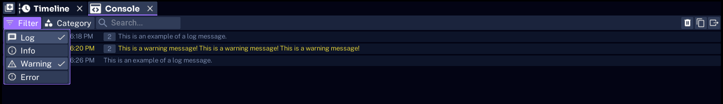 Filter menu with Log and Warning enabled