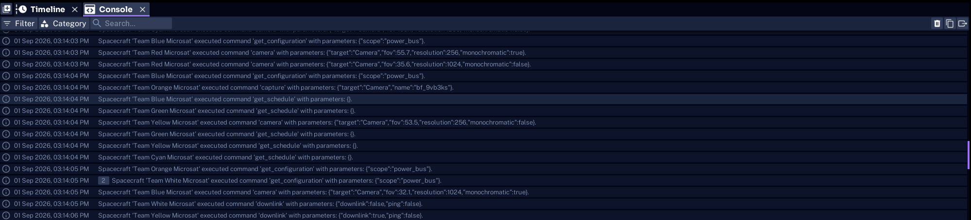 Console Panel listing spacecraft commands during a Space Range session