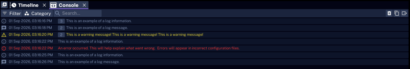 Console Panel showing log, info, warning, and error rows