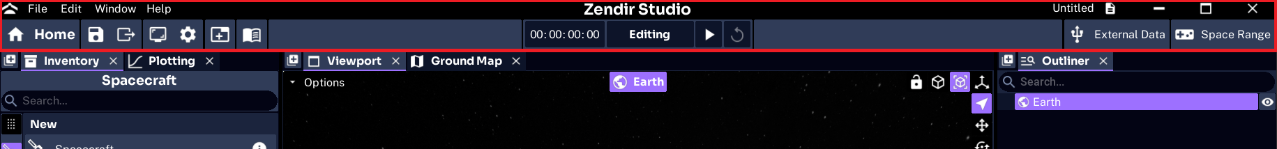 Toolbar Panel with project controls, playback, External Data, and Space Range