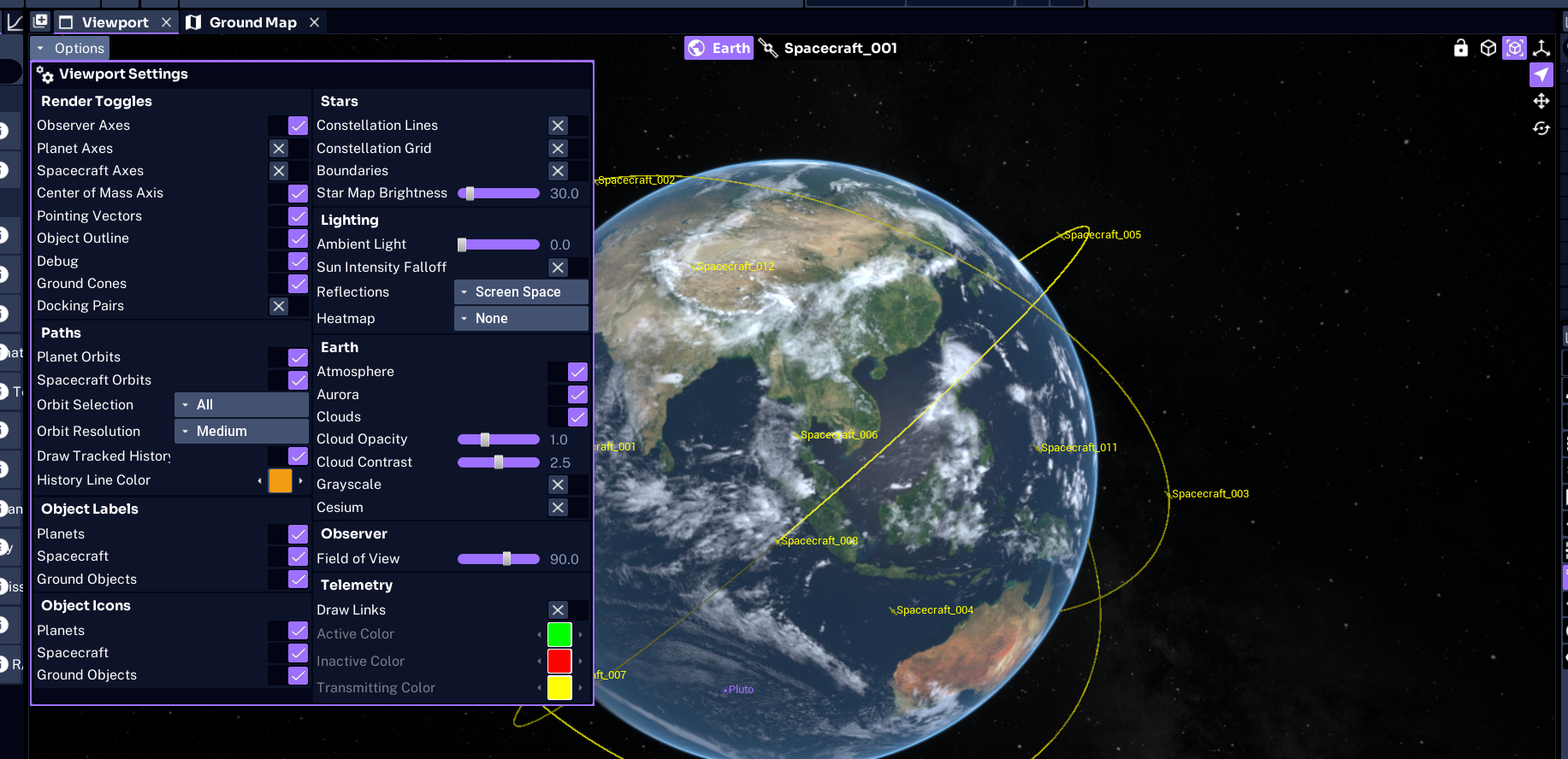 Viewport Settings open beside spacecraft orbits around Earth